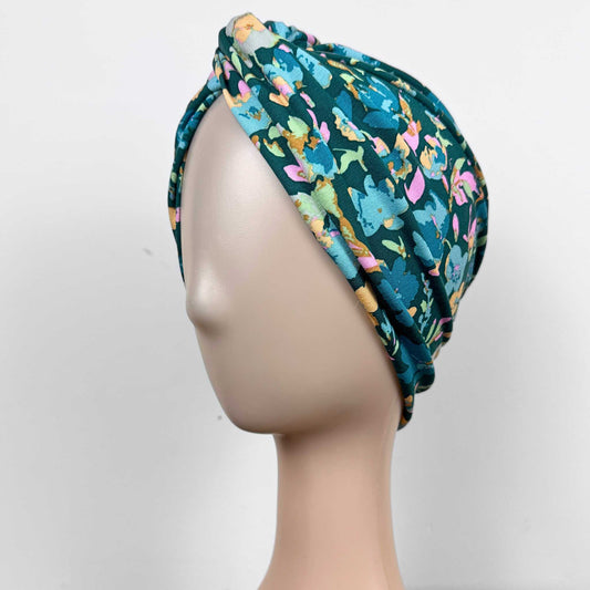 Turquoise Flowers Turban Hat