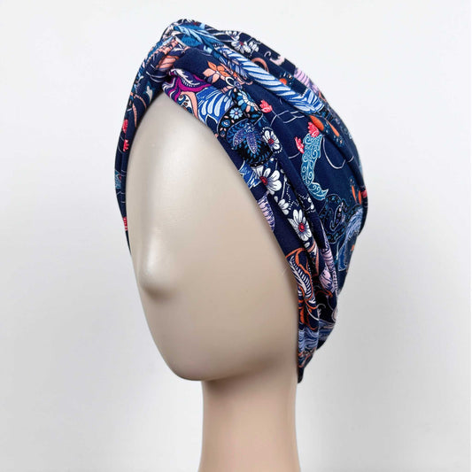 Feathers Blue Turban Hat