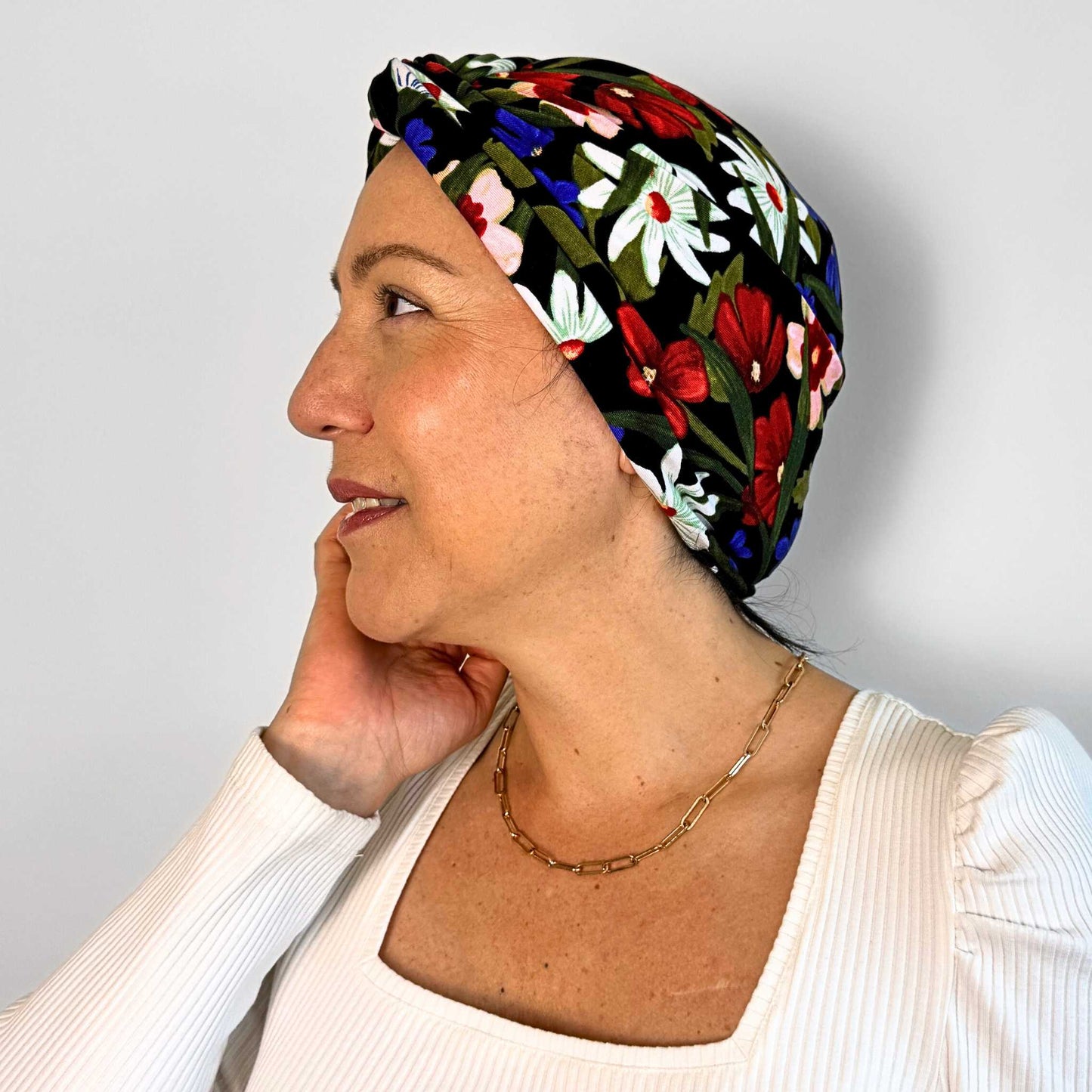Black Flowers Turban Hat