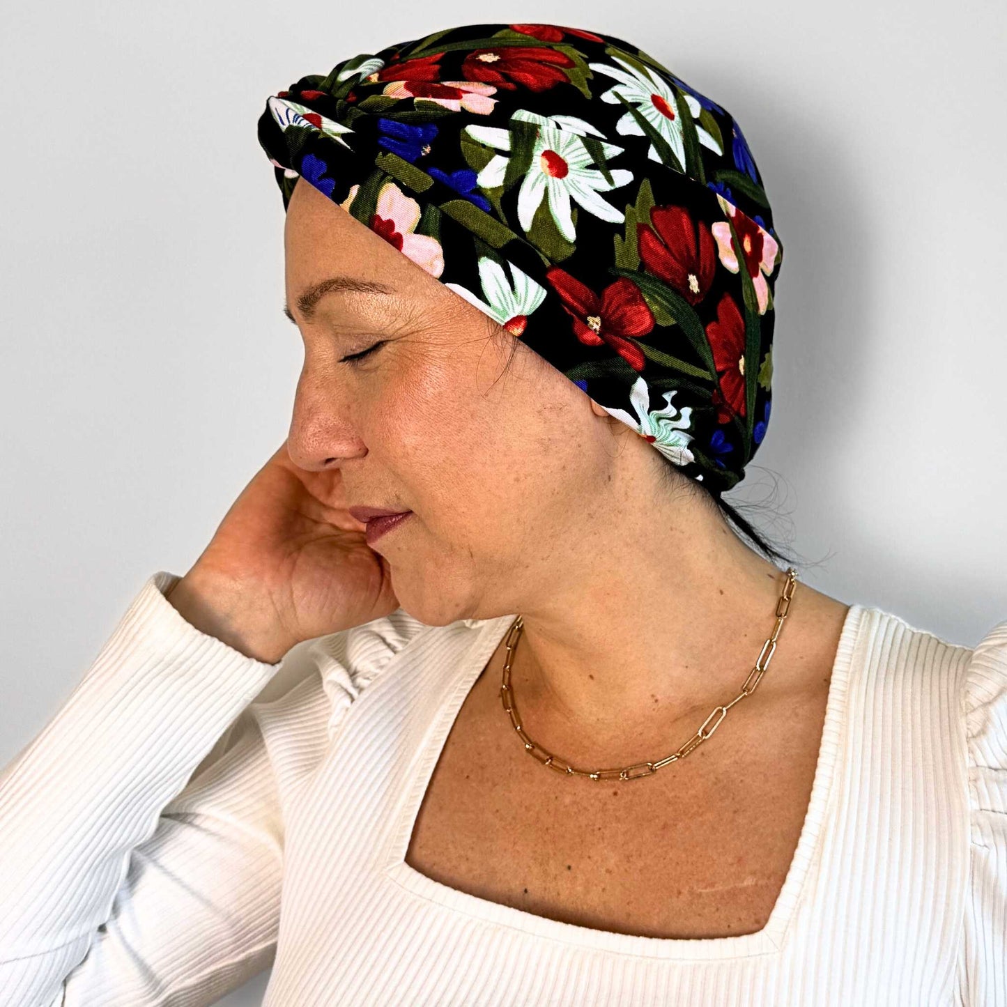 Black Flowers Turban Hat