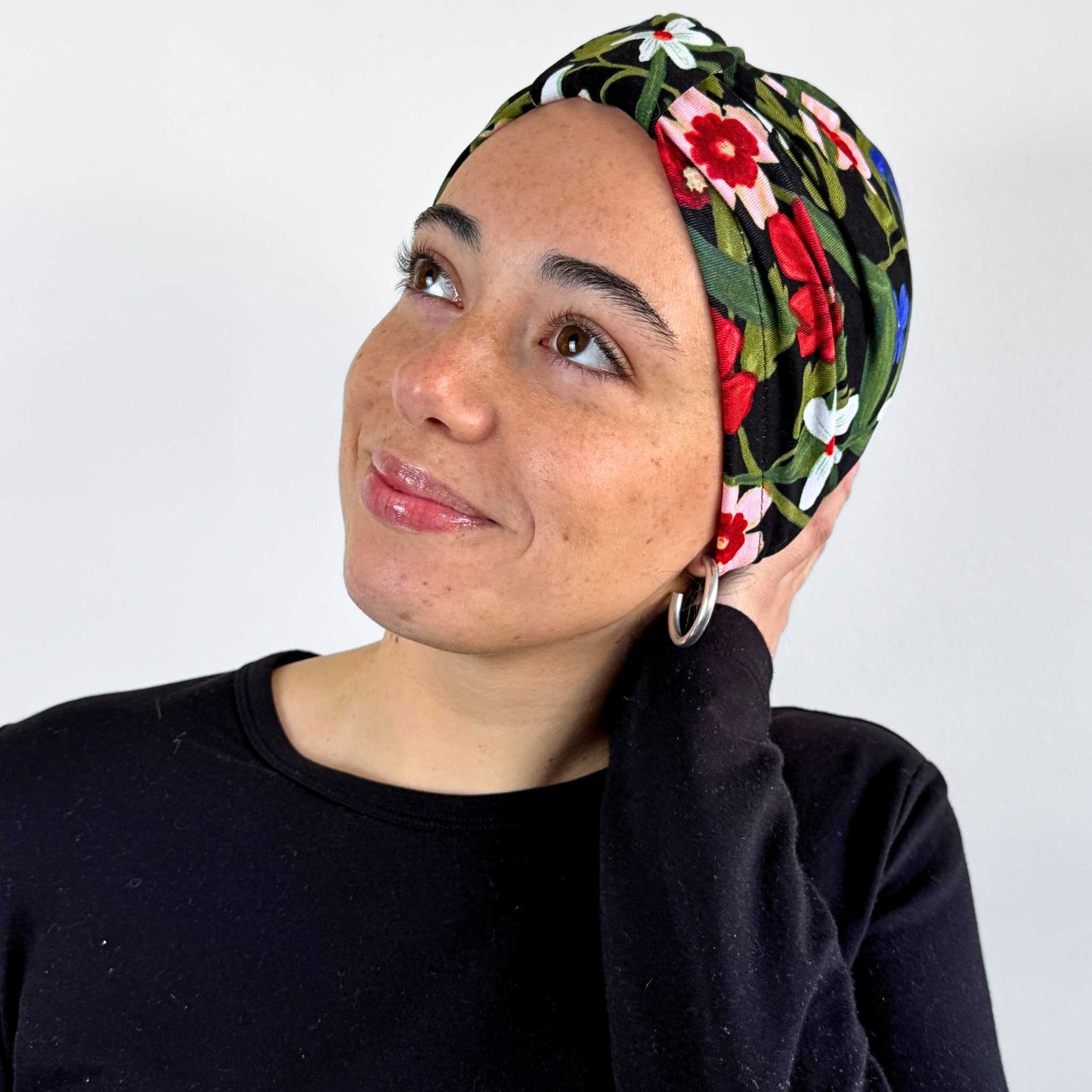 Black Flowers Turban Bow Cap