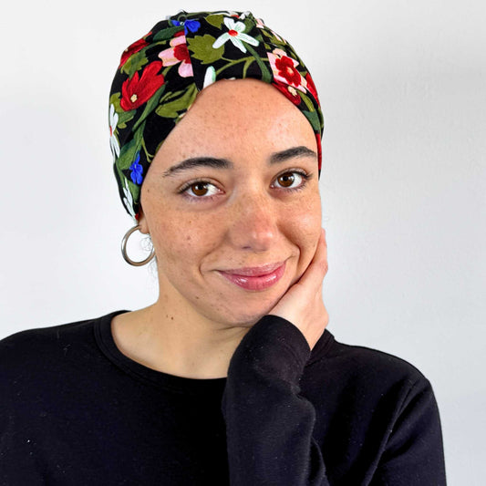 Black Flowers Turban Bow Cap