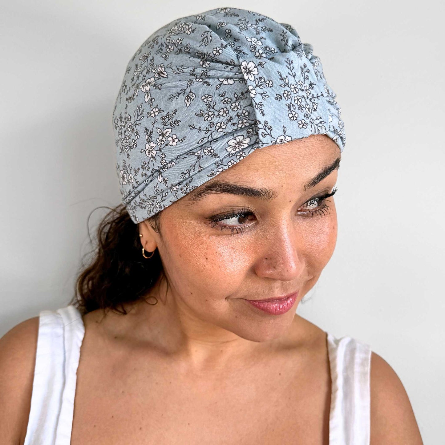 Light Blue Vintage Floral Turban Bow Cap