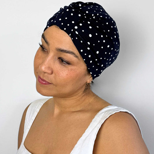 Polka Navy Turban Bow Cap