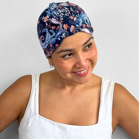 Feathers Blue Turban Bow Cap