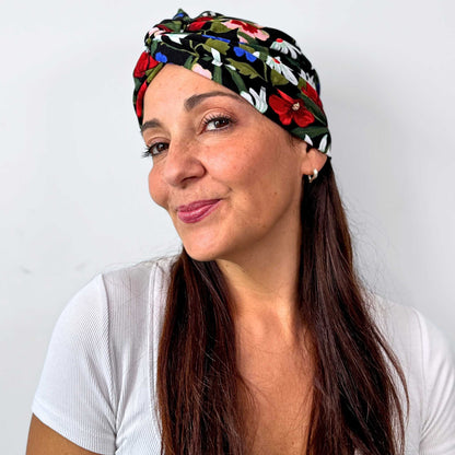 Black Flowers Turban Hat