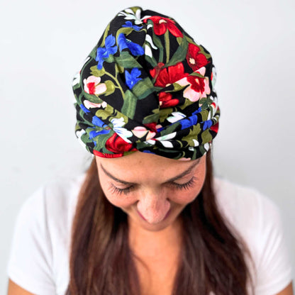 Black Flowers Turban Hat