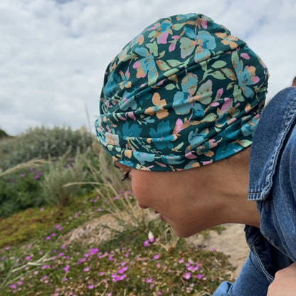 Teal Flowers Turban Hat