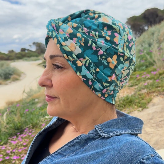 Teal Flowers Turban Hat