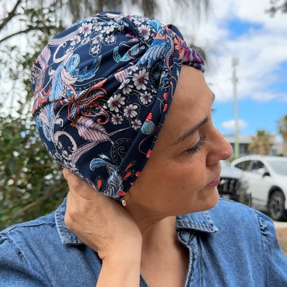 Feathers Blue Turban Hat