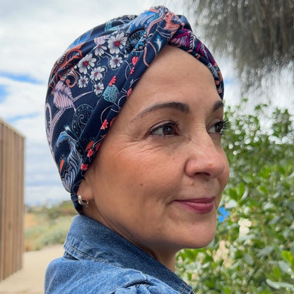 Feathers Blue Turban Hat