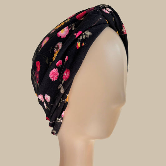 Black Flowers Turban Hat